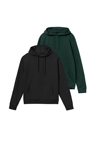 Erkek Regular Fit Kapüşonlu Kanguru Cepli Uzun Kollu 2'li Sweatshirt