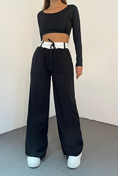 Sun Victoria Kadın Siyah Cep Detaylı Iki Iplik Beli Lastikli Oversize Bol Paç...