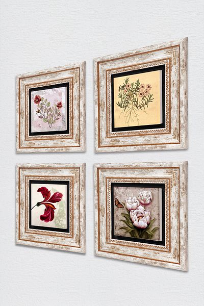 Pinecone Rose, Vintage Flower, Tulip, Butterfly Flower Stone Wall Painting Framed Wall Decor Set of 4 Tk4-1866