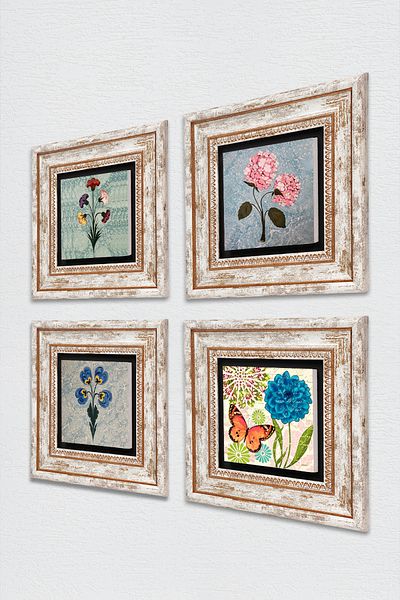 Pinecone Butterfly, Marbling Art, Pink Hydrangea Flower Stone Wall Painting Framed Wall Decor Set of 4 Wall Art