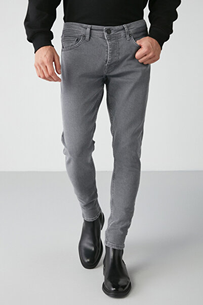 GRIMELANGE Johen Men's Ripped Skinny Molded Thick Textured Stretchy Gray Jeans