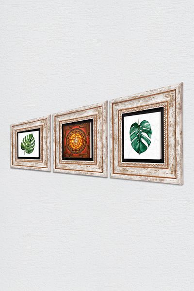 Pinecone Leaf, Sri Yantra Stone Wall Painting Framed Wall Decor 3 Piece Painting Set Wall Art Tk3-415