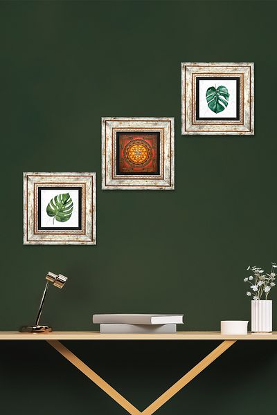 Pinecone Leaf, Sri Yantra Stone Wall Painting Framed Wall Decor 3 Piece Painting Set Wall Art Tk3-415