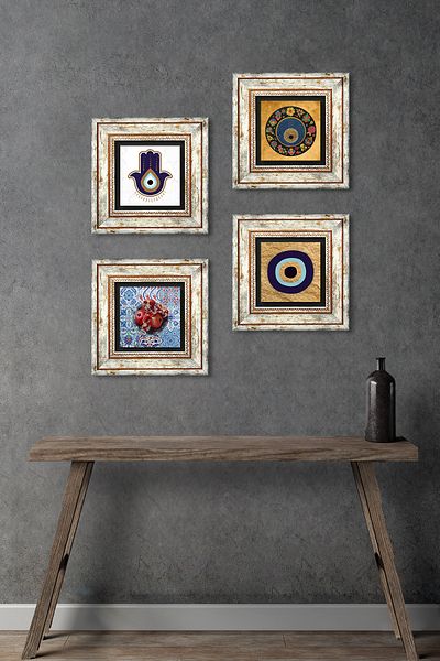 Pinecone Fatma Ana Hand (HAMSA), Evil Eye, Pictură pe perete cu piatră de rodie Decor de perete înrămat Set de 4 picturi Tk4-1810