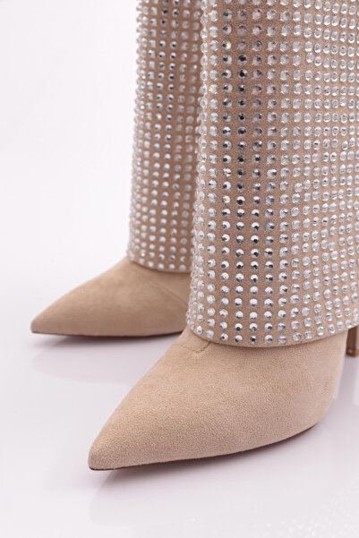 DGN Γυναικείες μπότες με τακούνι με πέτρα μπεζ σουέντ ασημί πέτρα 22383236