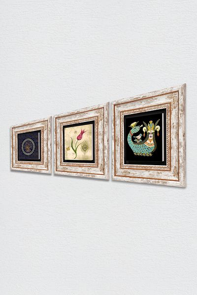 Pinecone Evil Eye, Tulip Marbling Art, Shahmeran Stone Wall Painting Framed Wall Decor Set of 3 Paintings Tk3-661