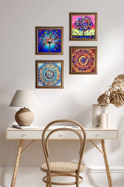 Pinecone Mandala, Tree of Life Stone Wall Painting Wood Framed Wall Decor 4 Piece Painting Set W4-846