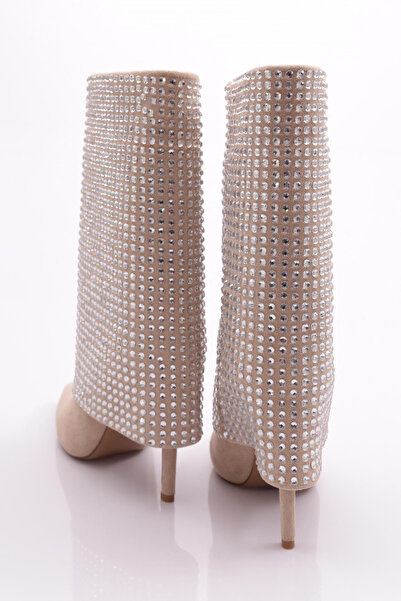 DGN Γυναικείες μπότες με τακούνι με πέτρα μπεζ σουέντ ασημί πέτρα 22383236