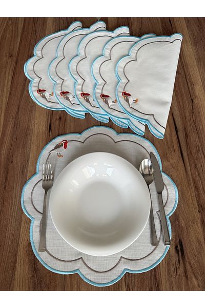 NURHAN HOME COLLECTION 6 bucăți păsări de dragoste cu model albăștrii brodate