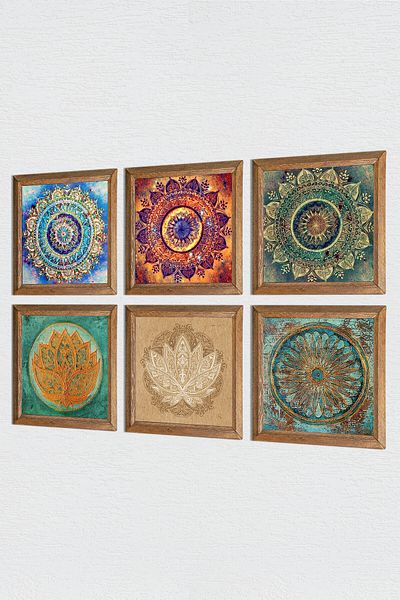 Pinecone Mandala, Flower of Life, Lotus Flower Stone Wall Painting Wooden Framed Wall Decor 6 Piece Painting Set