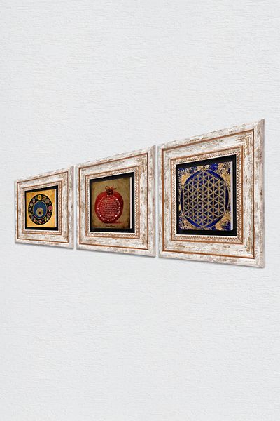 Pinecone Flower of Life, Evil Eye Bead, Prayer of Fertility Stone Wall Painting Framed Wall Decor Set of 3 Wall Art