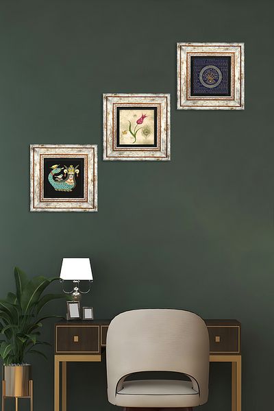 Pinecone Evil Eye, Tulip Marbling Art, Shahmeran Stone Wall Painting Framed Wall Decor Set of 3 Paintings Tk3-661