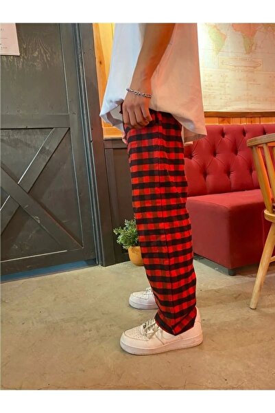 Violon Harajuku Kare Ekose Desenli Kırmızı Unisex Rahat Kesim Pijama Eşofman Altı