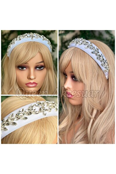 QUEEN AKSESUAR Design special, lux, piatră de cristal mare, brodată, coroană lată bombată, pentru femei, pentru copii, pentru logodna, coroană de henna, albă