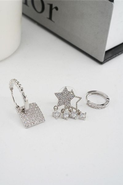 By Zeyna Aksesuar Vip Series Zircon Stone - 3-Piece Women's Earring Set