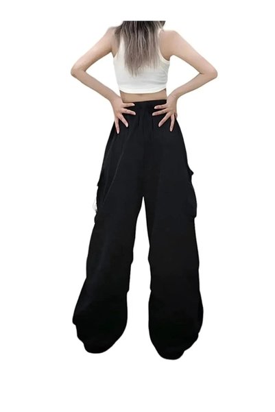 Violon Unisex Black Tactical Wide Leg Cargo Pocket Elastic Wide Leg Loose Cut Oversize Cargo Pants