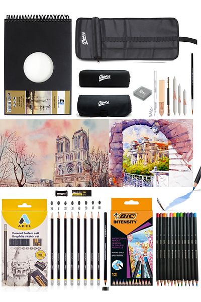 GLANCE Alex Schoeller A5 300 Gr Adel Graduated Pencil Set of 8 Bic Aquarelle Dry-watercolor Pencils 12 Colors