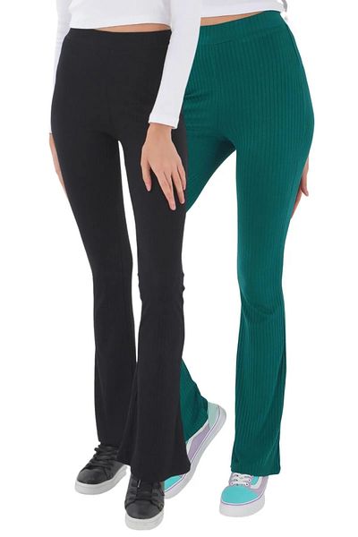 ESPİNA Ribbed Report 2 Pack Flare / Flare Leg High Waist Stretchy Knitted Leggings Trousers