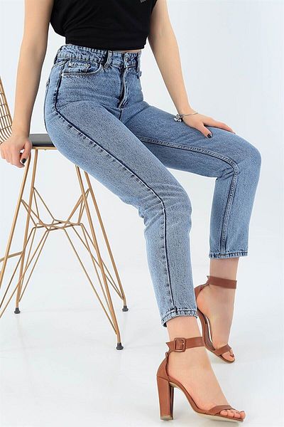 Geppetto Blugi boyfriend Roza Snow Blue Mom Jean cu talie înaltă