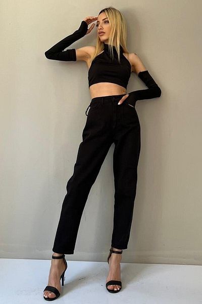 Geppetto Madgırl Black Mom Denim Pantaloni Lycra Colorfast Black Extra comod Mom Jeans (Cumpărați 1 mărime mică)
