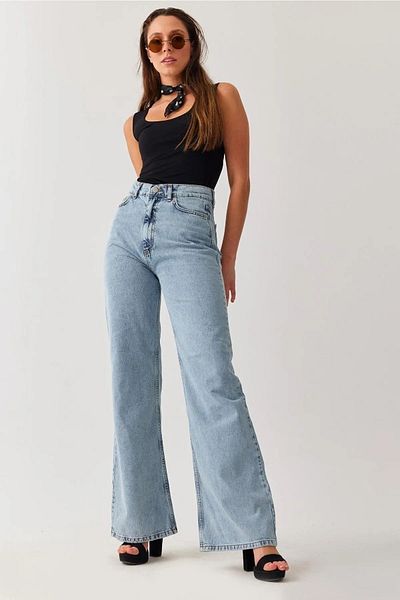 Geppetto Esperenza anii 90 Snow Wash Blue Lycra Jeans Palazzo cu talie lată cu talie super înaltă
