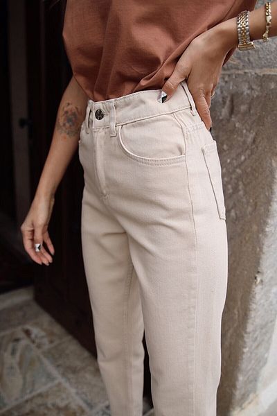 Geppetto Ψηλόμεσο Μπεζ Χρώμα Mom Jeans Lycra Stretchy Jeans