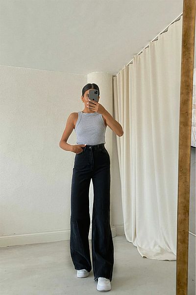 Geppetto Black Power Lycra Women Black High Waist Loose Leg Palazzo Loose Jans Jeans Jean