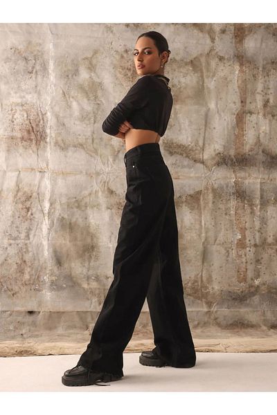 Geppetto Beauty Women's High Waist Black Denim Pants Black Loose Jeans Lycra Flexible Palazzo