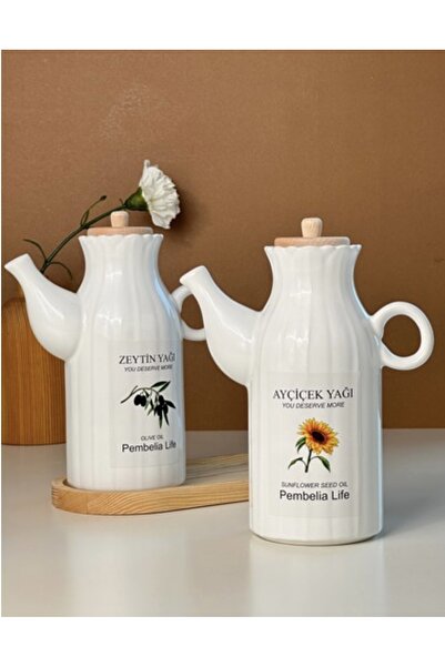 Pembelia Life 2 Pieces 1 Lt Porcelain Oil Pot and Bamboo Saucer Set_Oil Vinegar Bowl 1000ml Each