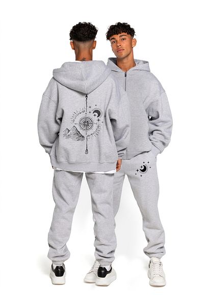 AY MONTANA Men's Compass Printed Hooded Zippered Sweatshirt Top and Bottom Set
