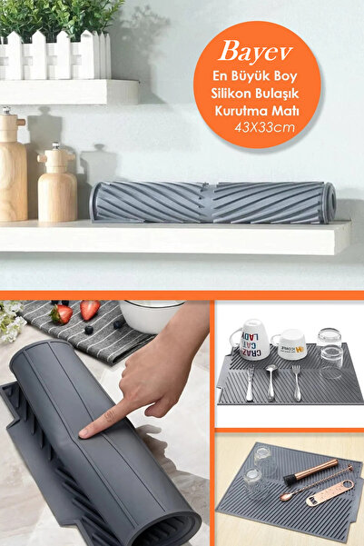 Bayev Antrasit Bulaşık Matı Büyük Boy 44 X 33 Cm Silikon Bulaşık Kurutma Matı Bulaşıklık Bulaşık Altlığı
