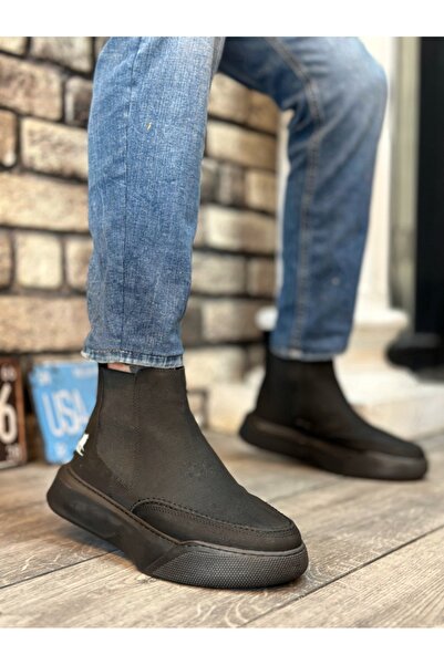 TUGERDİ Bağcıksız Lastikli Yüksek Taban Yeni Siyah Taban Erkek Spor Bot TGE230300