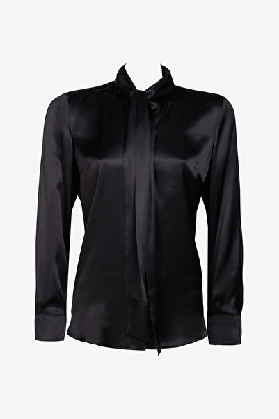 BROOKS BROTHERS Kadın Siyah Regular Fit Geniş Kesim Kurdela Yaka İpek Gömlek