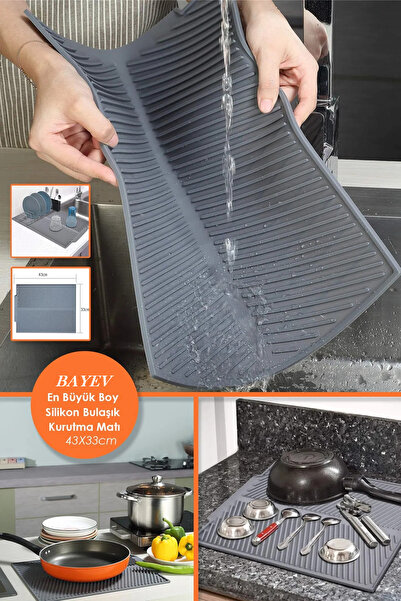 Bayev Antrasit Bulaşık Matı Büyük Boy 44 X 33 Cm Silikon Bulaşık Kurutma Matı Bulaşıklık Bulaşık Altlığı