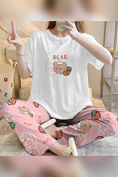 PEMBİŞ HOMEWEAR Kiki Zezeyle Trend T-Shirt Pantolon Strawberry Bear Baskılı P...