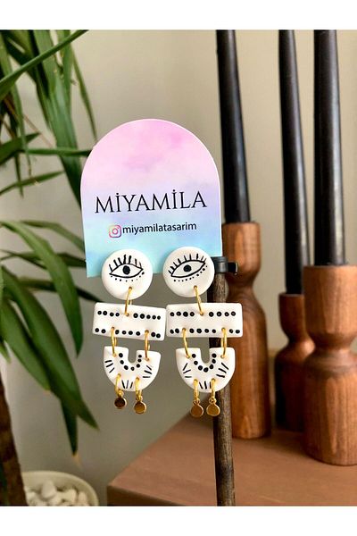 TREND Bohemian Striped Black Eye Themed Polymer Earrings with Steel Accessories