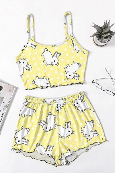 PEMBİŞ HOMEWEAR Cozy Favela Trend Askılı Şort Bunny Baskılı Pijama Takımı