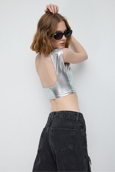 No Matter What Shiny Backless Basic Crop Top