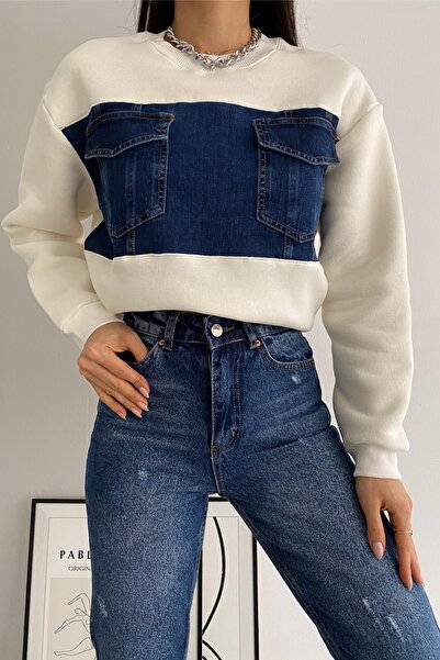 FEMELLE Γυναικείο φούτερ από βαμβακερό τζιν με διπλή τσέπη με λεπτομέρεια