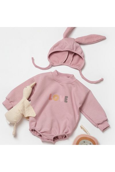 Little Ya Ya Love Unisex Love Printed 3 Thread Ear Hat and Romper Set with Snaps at the Bottom