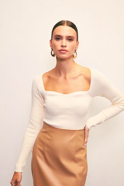 Sateen Sweetheart Neck Knitwear Blouse - Ecru