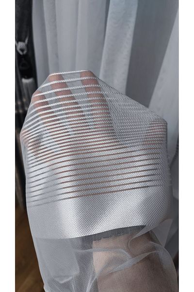 Yuka Ecru Tulle Curtain Horizontal Plain White Striped 1/3 Tight Pleated Wrinkle-Free No Ironing Leaded Skirt
