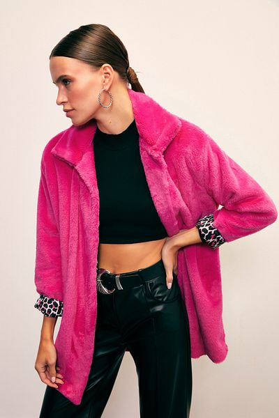 Sateen Leopard Lined Plush Coat - Fuchsia