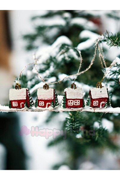 Happyland Yılbaşı Çam Ağacı Süsü 4 Adet Kırmızı Ev Şeklinde Süs 6Cm Yılbaşı Ağacı Süs Ev Yeni Yıl