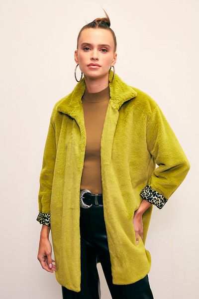 Sateen Oil Green Leopard Lined Plush Coat