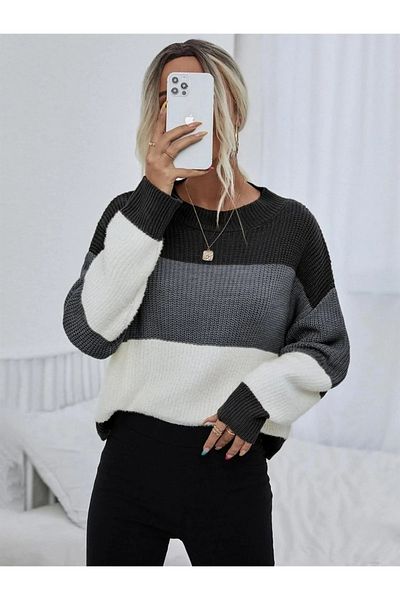 AQE FASHION Color Blocked Long Sleeve Crew Neck Women's Knitwear Sweater