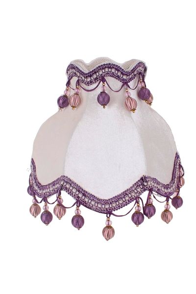 Dekovien White Metal Vintage Base - Ecru Velvet Covered Purple Pompom Lampshade AB0734