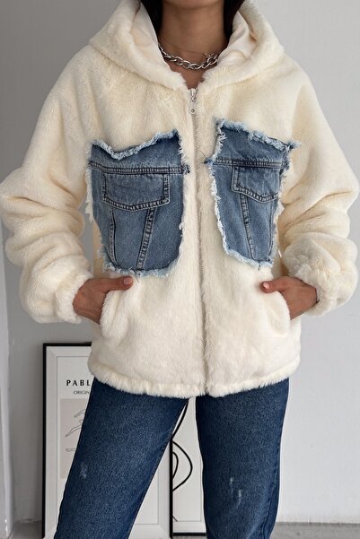 FEMELLE Women's Double Pocket Denim Detailed Lined Zipper Hooded Denim Fur Coat