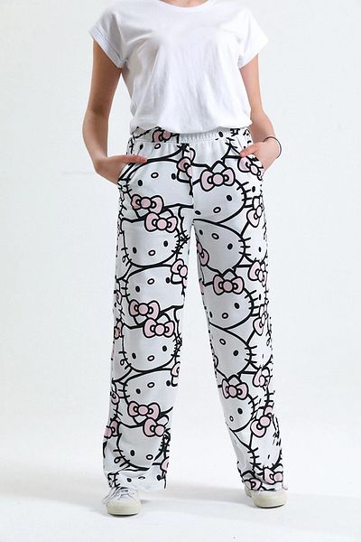 makiteks Unisex White Hello Kitty Cat φαρδιά φούτερ παντελόνι