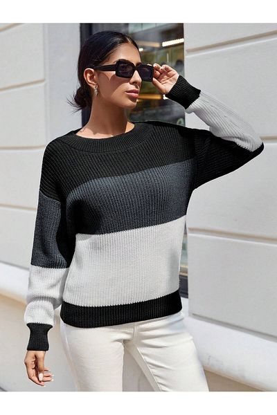 AQE FASHION Pulover de damă, cu mânecă lungă, cu decolteu circular, blocat de culoare, antracit/gri/alb